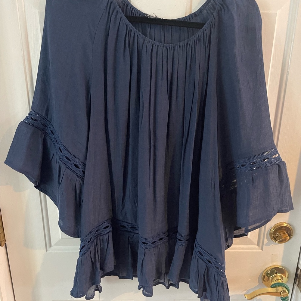 Blue Ruffled Bell Sleeve Blouse